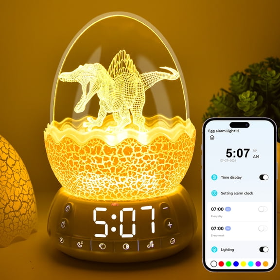APP Control Dinosaur Egg Alarm Clock/Glowing Digital Clock with Night Light, 20 Soothing Sound Timer Training Sleep Machine/Bluetooth Speaker, Dinosaur Decor Lamp for Bedroom/Living Room