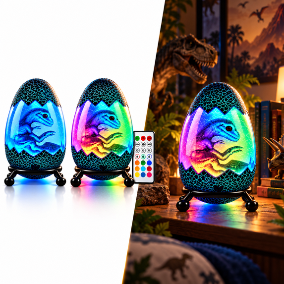 Light Table Standard Dinosaur Egg Night Light, Glowing Raptor Table Lamp with Cracked Shell ...