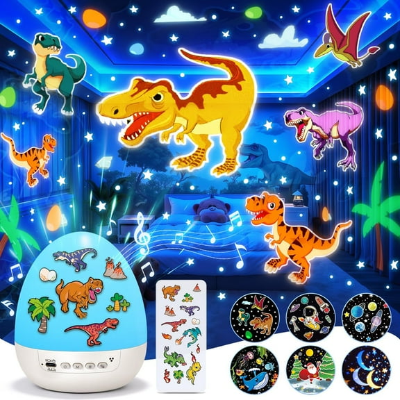 Dinosaur Egg Night Light Projector, 21 sets of slides, rechargeable and plug-in options, built-in 8 songs + 360° rotation, dinosaur egg hatching toy for boys, star projector.
