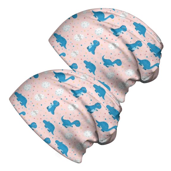 Dinosaur and Egg Pink Pattern 2 Pack Slouchy Beanie Hat, Warm Winter Skull Cap with Stretchy Fabric & Soft Texture, Stretchy Polyester Gifts for Daily Home Outdoor