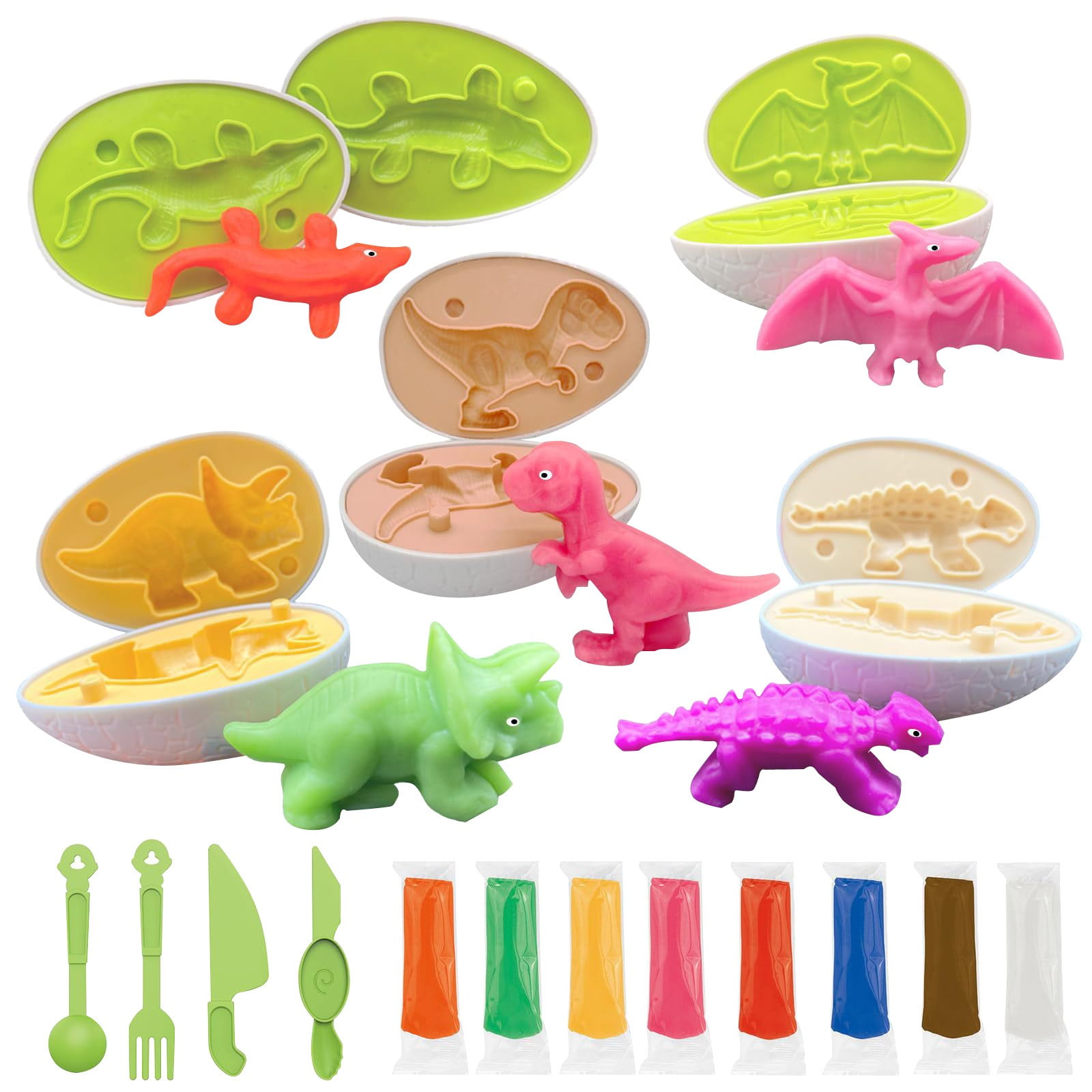 Dinosaur Egg Playdough Set with 5 Eggs 8 Colors Clay 1 Tool Kit & 1 Map - Creative Dinosaur Modeling Kit for Kids - Ideal for 3-6 Years Old Boys Girls, Art Crafts, Sensory Play, Birthday Gifts