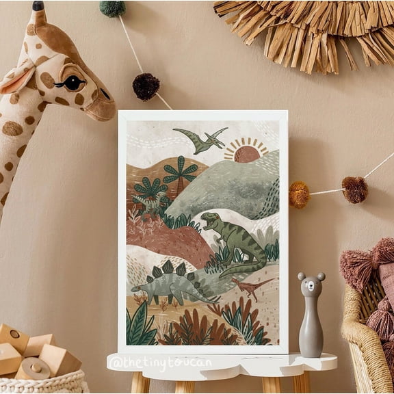 Dinosaur Explore Art Print, Warm Muted Decor, Unframed Paper Poster 24x36in