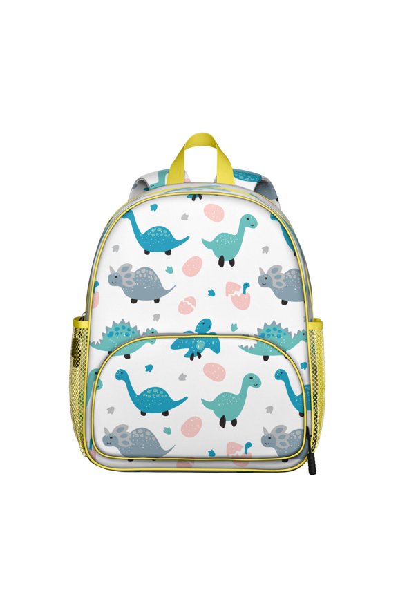 Dinosaur Explorer Student Backpack – Cartoon Roaring Dino in Nature Print with Watercolor Planets, Floral Forest, and Abstract Background