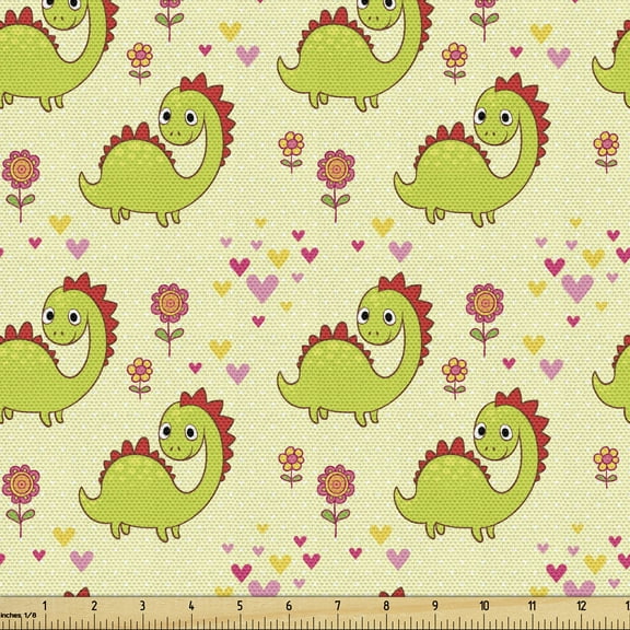 Ambesonne Dinosaur Fabric by the Yard Upholstery, Dinosaur, 2 Yards, Green Yellow
