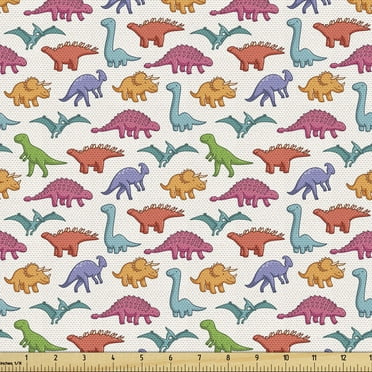 Ambesonne Dinosaur Fabric by the Yard Upholstery, Colorful Pattern, 3 Yards, Multicolor