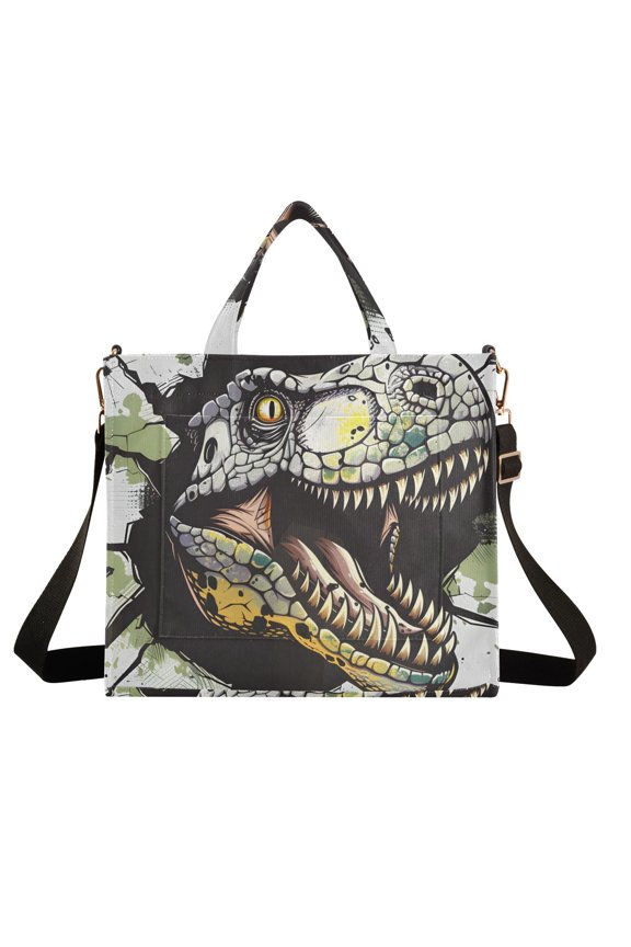 Dinosaur Face and Graffiti Corduroy Tote Bag Handbag Large Messenger Bag Shoulder Crossbody Zipper Bag Purse