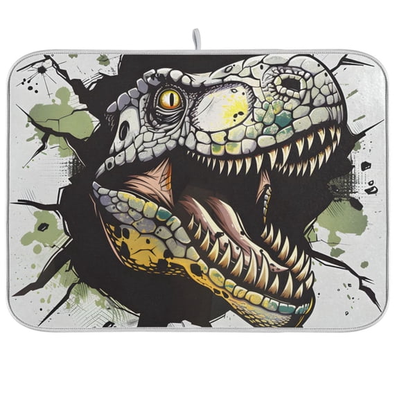 Dinosaur Face and Graffiti Dish Drying Mat Dish Drainer Rack Mats Water Absorbent Non-Slip Easy Clean Heat Resistant for Kitchen Counter