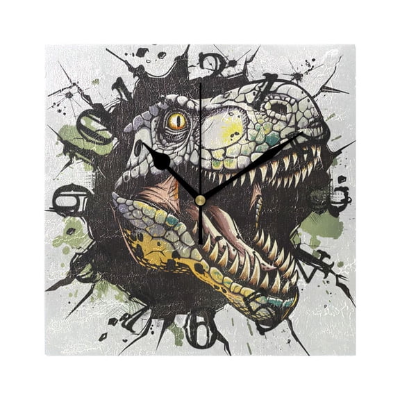 Dinosaur Face and Graffiti Wall Clock Square Silent Non Ticking Battery Operated Clock for Home Bathroom Kitchen Bedroom Living Room