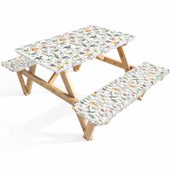 Dinosaur Family Picnic Table Cover with Bench Covers Retro Hand-drawn Dinosaur Names Letters Waterproof Fitted Picnic Tablecloth 3 Pieces Set Table Cloth for Outdoor Camping Garden BBQ