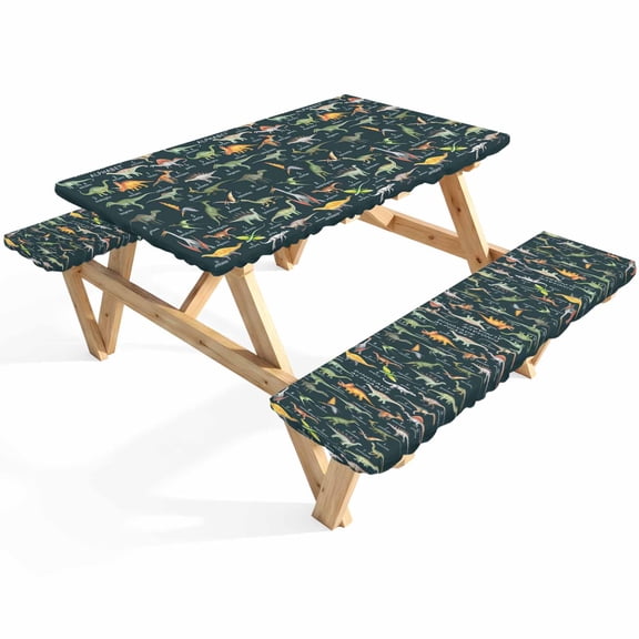 Dinosaur Family Picnic Table Cover with Bench Covers Retro Watercolor Dinosaur Name Letter Green Waterproof Fitted Picnic Tablecloth 3 Pieces Set Table Cloth for Outdoor Camping Garden BBQ