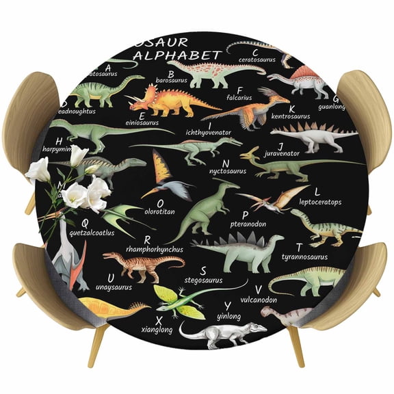Dinosaur Family Round Fitted Tablecloth with Elastic Edge, Retro Hand-drawn Dinosaur Names Letters Black Stretch Table Covers for 45"-54" Tables Wipeable Table Cloth for Outdoor