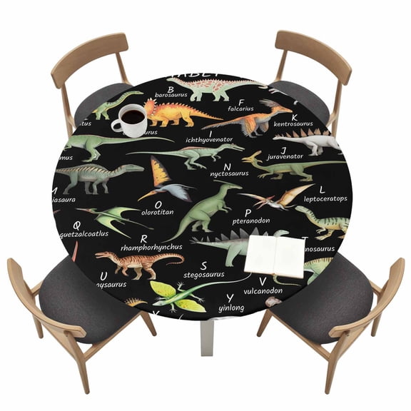 Dinosaur Family Round Fitted Tablecloth with Elastic Edge Retro Hand-drawn Dinosaur Names Letters Black Table Cover Fit for 55"-60" Tables Waterproof Tablecloths for Dinner Camping Picnic