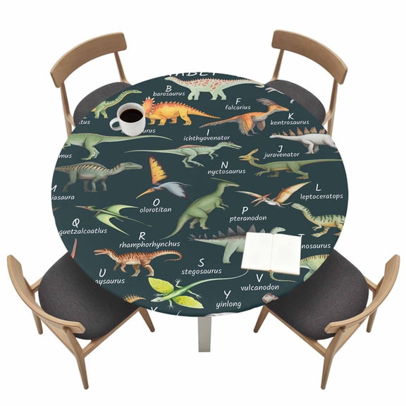 Dinosaur Family Round Fitted Tablecloth with Elastic Edge Retro Watercolor Dinosaur Name Letter Green Table Cover Fit for 45"-54" Tables Waterproof Tablecloths for Dinner Camping Picnic