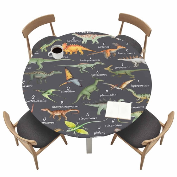 Dinosaur Family Round Fitted Tablecloth with Elastic Edge Retro Watercolor Dinosaur Name Letter Grey Table Cover Fit for 45"-54" Tables Waterproof Tablecloths for Dinner Camping Picnic
