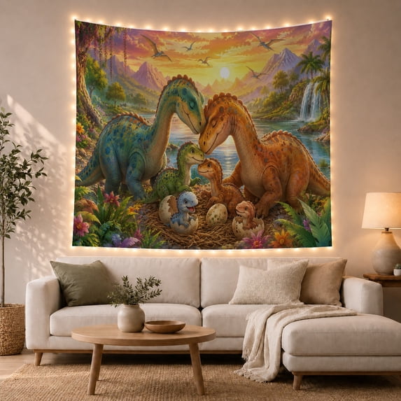 Dinosaur Family in Sunset Valley, Cozy Illustration for Kids, Whimsical Prehistoric Wall Art, Birthday Gift, Tapestry Wall Hanging for Bedroom and Dorm
