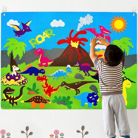 Dinosaur Felt-Board Stories Set 3.5Ft 37Pcs Preschool Dinosaurs Classification Storytelling Flannel Roar Volcano Ancient Animal Theme Early Learning Play Kit Wall Hanging Gift