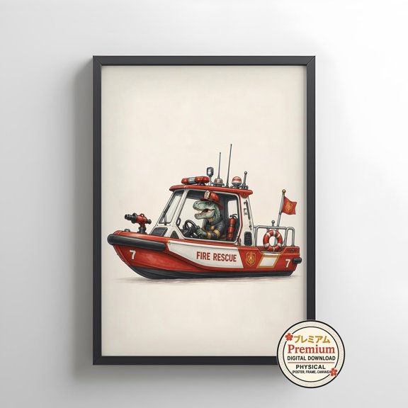 Dinosaur Firefighter Poster Print Dino Wall Art Fire Rescue Print Room Decor Home Decor Office Wall Art