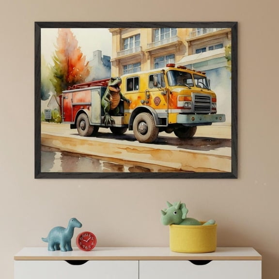Dinosaur Firetruck Style Wall Art T Rex Firefighter Decor Whimsical Fire Engine Unframed Paper Print