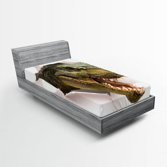 Dinosaur Fitted Sheet, Dangerous Dinosaur Tears up the Paper Wall Image Scary Break Scenery, Decorative Soft Bedding All-round Elastic Pocket, Twin XL Size, Green Army Green White, by Ambesonne