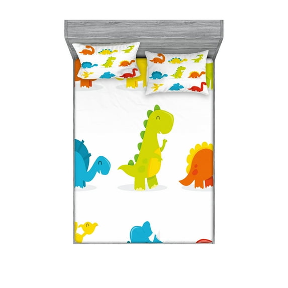 Dinosaur Fitted Sheet & Pillow Sham Set, Arrangement and Funny Dinosaurs Set Cartoon Style Colorful Theme, Decorative Printed 6 Piece Bedding Decor Set, Calking, Multicolor, by Ambesonne