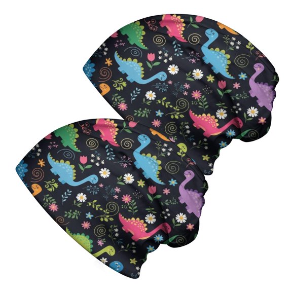 Dinosaur and Floral Black Pattern 2 Pack Slouchy Beanie Hat, Warm Winter Skull Cap with Stretchy Fabric & Soft Texture, Stretchy Polyester Gifts for Unisex Men Women