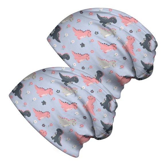 Dinosaur and Floral Light Blue Pattern 2 Pack Slouchy Beanie Hat, Casual Daily Beanie with Stretchy Fabric & Soft Texture, Lightweight Flexible Gifts for Unisex Men Women