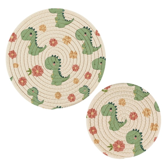 Dinosaur Flower Cotton Trivets Potholders Set of 2 Handmade Heat Resistant Non Slip Absorbent