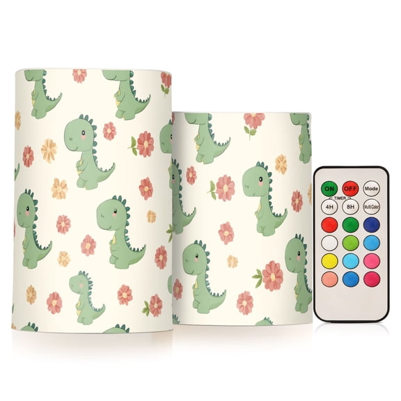 Dinosaur Flower Flameless LED Candle Set with Remote, Battery Operated Color Changing Pillar Candles, Set of 2