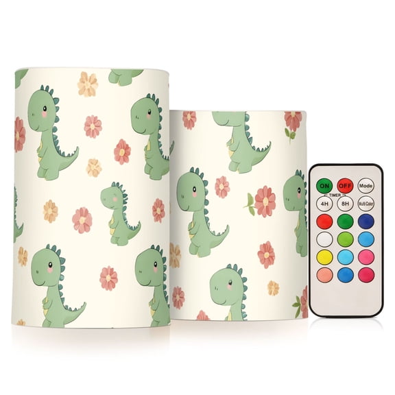 Dinosaur Flower Flickering Flameless Candles Battery Operated with Remote Timer LED Pillar Candles Set of 2
