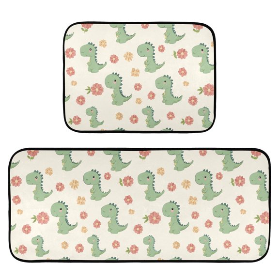 Dinosaur Flower Kitchen Mat 2 Piece Non Slip Absorbent carpet Floor Mat 19.7x27.6in+19.7x47.2in