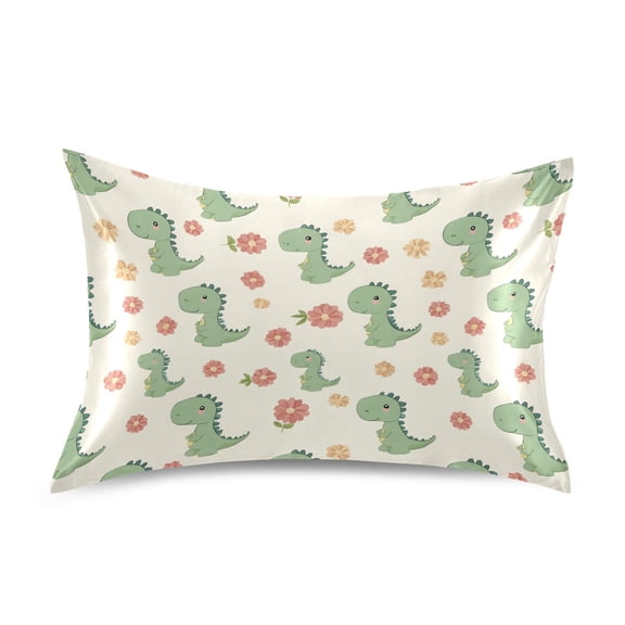 Dinosaur Flower Pillowcase Standard Size 20''x26'' Satin Double-Sided Print Soft Wrinkle Resistant