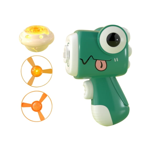Dinosaur Flying Disc Toy Gun For Kids - 1 Pistol, 4 Non - Light Flying Discs, 1 Light - Up Flying Disc, 1 Light - Up Spinning Top, 1 Button Battery Included, Mint Green, Outdoor