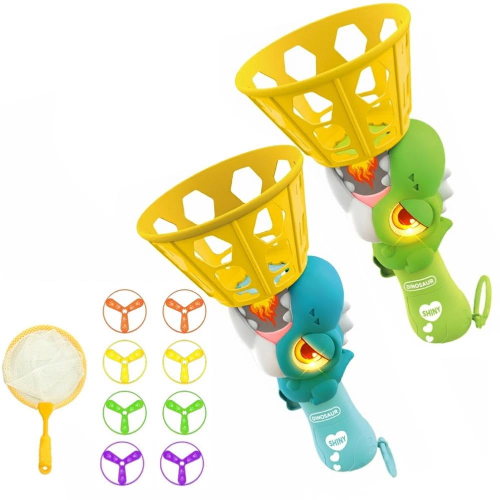 Dinosaur Flying Saucer Launcher Toy for Kids, Electric & Manual Outdoor Catching Game with Flashing Lights, 8 Discs & 1 Net, Interactive Garden Toy for Boys Girls