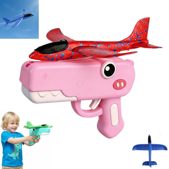 Dinosaur Foam Airplane Launcher Toy Cartoon Catapult Gun Glider Plane Outdoor Flying Aircraft with Dual Flight Modes Easy-Load Long Distance Toy Fun Birthday Gifts & Party Favors,Pink