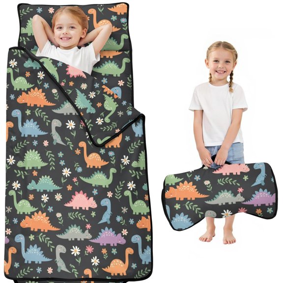 Dinosaur and Foliage Black Pattern Kids Nap Mat, Sleeping Mat with Removable Pillow with Handle & Fastening Straps, Hypoallergenic Gifts for Toddlers Kids Boys Girls,50"x20"