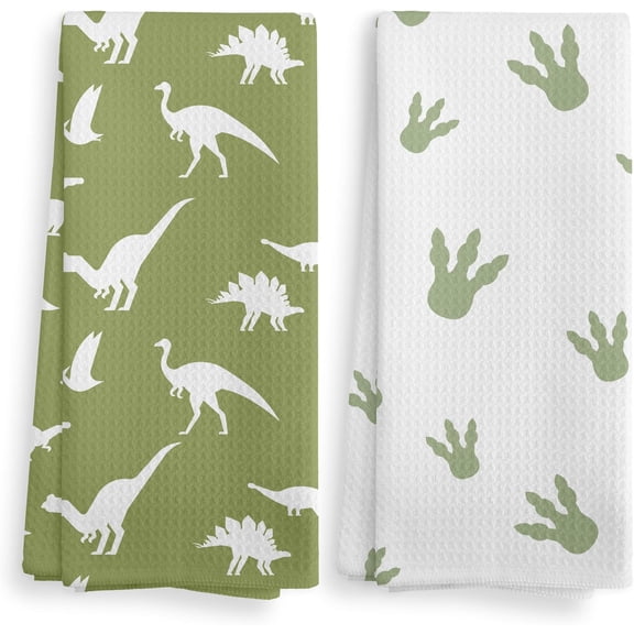Dinosaur Footprints Kitchen Towels Set of 2, Boys Bathroom Decor, Kids Dinosaur Hand Towel, Sage Green Dinosaur Hand Dish Towels for Boys Kids Bathroom Decor, Dino Bathroom Decor, 16×24 Inch