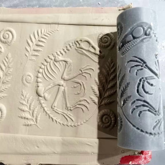 Dinosaur Fossil Embossed Polymer Clay Texture Roller Mold - Unique Prehistoric Design for Pottery and Clay Projects