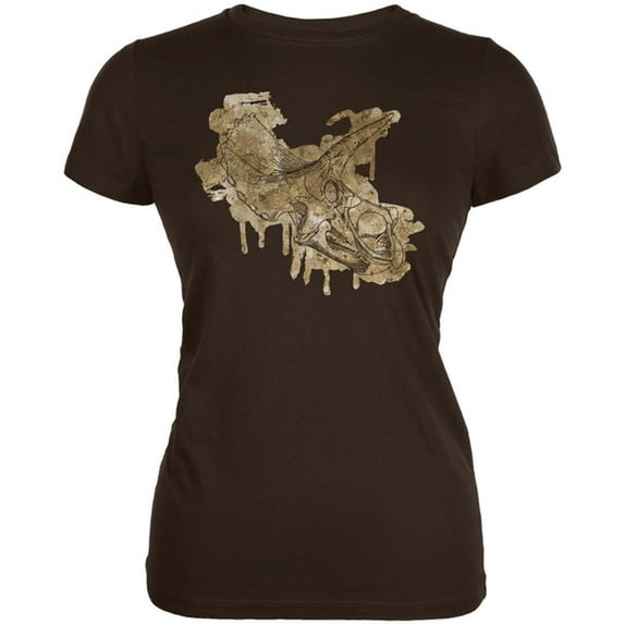Dinosaur Fossil Triceratops Skull Juniors Soft T Shirt Brown SM