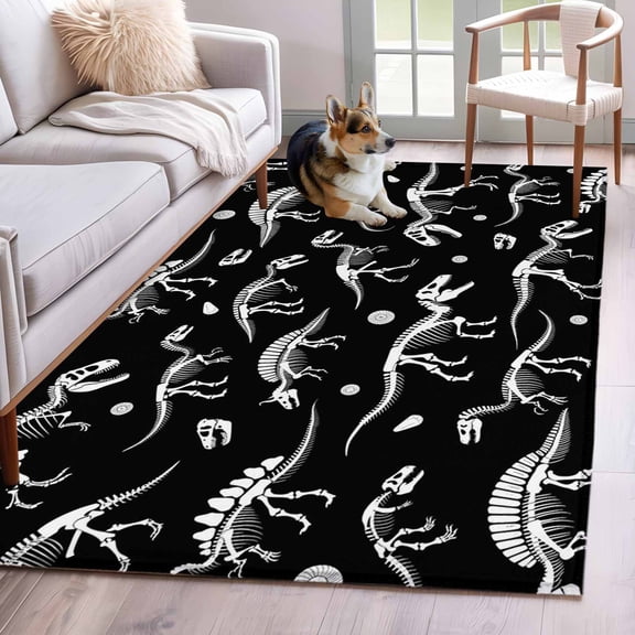 Dinosaur Fossils Area Rugs 3x5 ft Hand-Painting Lines Dinosaurs Black Background Washable Rug Non Slip Indoor Carpet Absorbent Floor Mat for Living Room Bedroom Dining Room