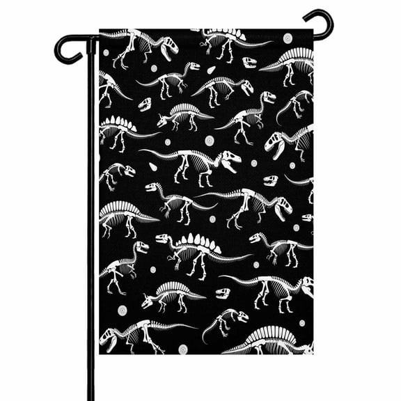 Dinosaur Fossils Garden Flag 12x18 Inch Hand-Painting Lines Dinosaurs Black Background Double Sided Small Decorative Garden Flags for Outside, Outdoor Yard Porch Lawn Decoration