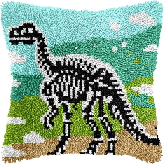 Dinosaur Fossils Latch Hook Pillow Kits for DIY Throw Pillow Cross Stitch Hooking Pillowcase Kits with Preprinted Color Pattern Canvas Cushion Kits 17''X 17''(a-157)