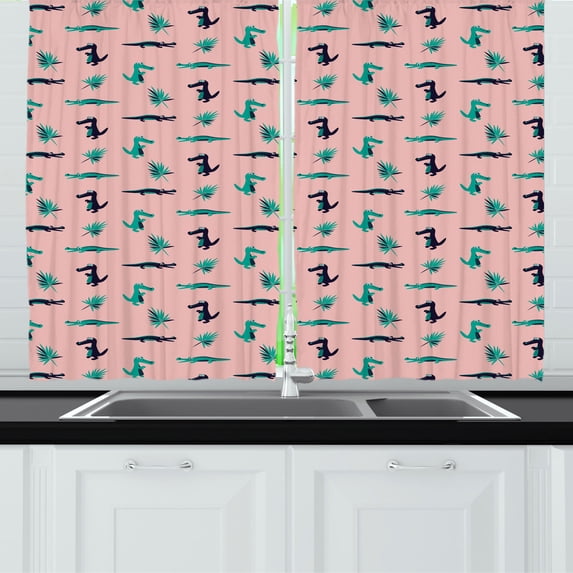 Dinosaur Funny Kitchen Curtains, Crocodile Reptile Vicious Animal Evolution Alligator Illustration, Two Panels Drapes with Rod Pocket Room Decor, 55" X 45", Blush Dark Seafoam, by Ambesonne