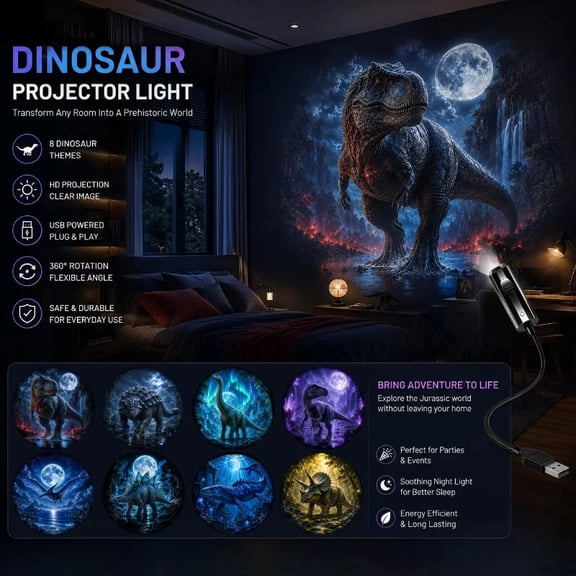 Dinosaur Galaxy Projector Night Light USB Powered Moon Fantasy Projection Lamp Kids Bedroom Home Ambient Decor Light