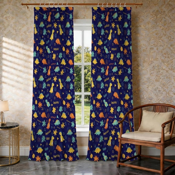 Dinosaur and Geometric Navy Blue Pattern Pinch Pleated Blackout ...