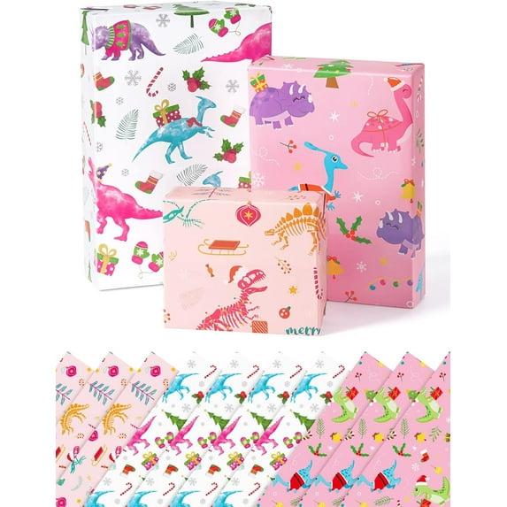 Dinosaur Gift Wrapping Paper Rolls - 10 Sheets, 20" x 27" Dino Kids Birthday Wrapping Paper Medium Roll Set Girl Pink Wrap Paper Happy Birthday Party Supply