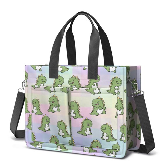 Dinosaur and Grid Rainbow Pattern Canvas Messenger Tote Bag, Teacher Tote with Multi Pockets & Removable Strap, Large Capacity Gifts for Work Travel Shopping