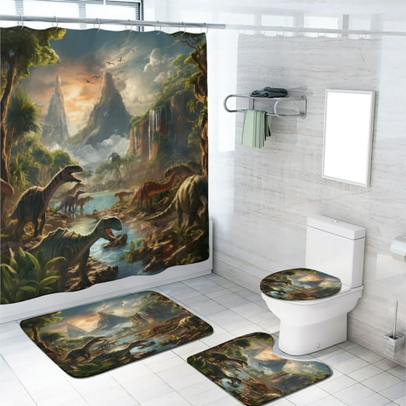Dinosaur Group Shower Curtain Sets with Rugs 4 Piece Ancient Wild Animals Jungle Mountain Bathroom Decor Set with Accessories, Waterproof Shower Curtain for Bathtub Decor, 72x72 Inch