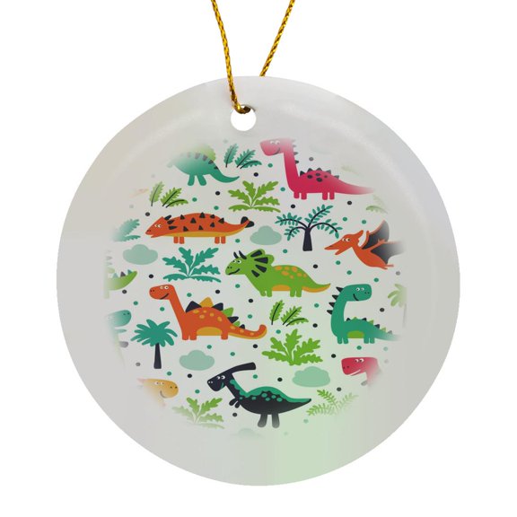 3drose, Dinosaur Group with Grass and Trees, Circle Porcelain Ornament