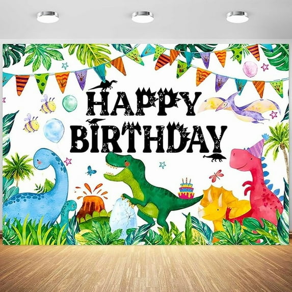 Dinosaur Happy Birthday Backdrop Cartoon Dinosaur Theme Watercolor Jungle Plant Photography Background Kids Boys Birthday Party Banner Decorations Supplies Photo Booth Props