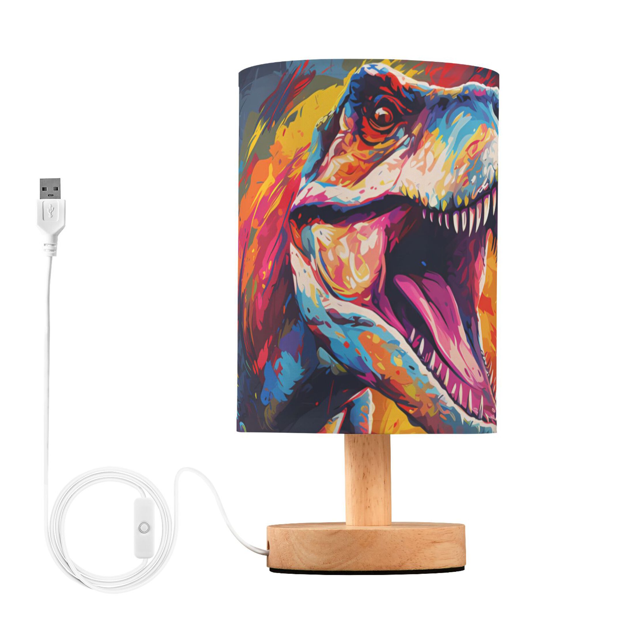 Dinosaur Head Colorful Table Lamp USB Bedside Desk Nightstand Lamp Printed Gifts Small Lamp Wood Base for Bedroom Living Room Kids Room College Dorm